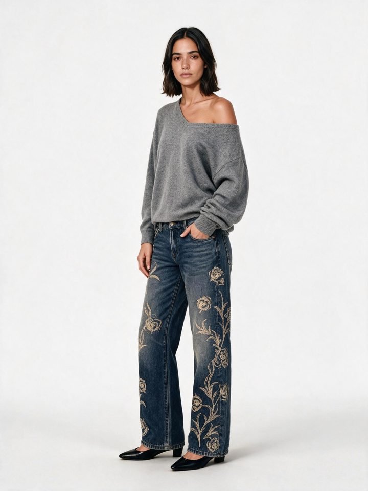 Joana com jeans bordados e camisola cinzenta de ombro caído