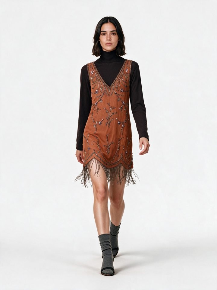 Joana com vestido de franjas cor de ferrugem